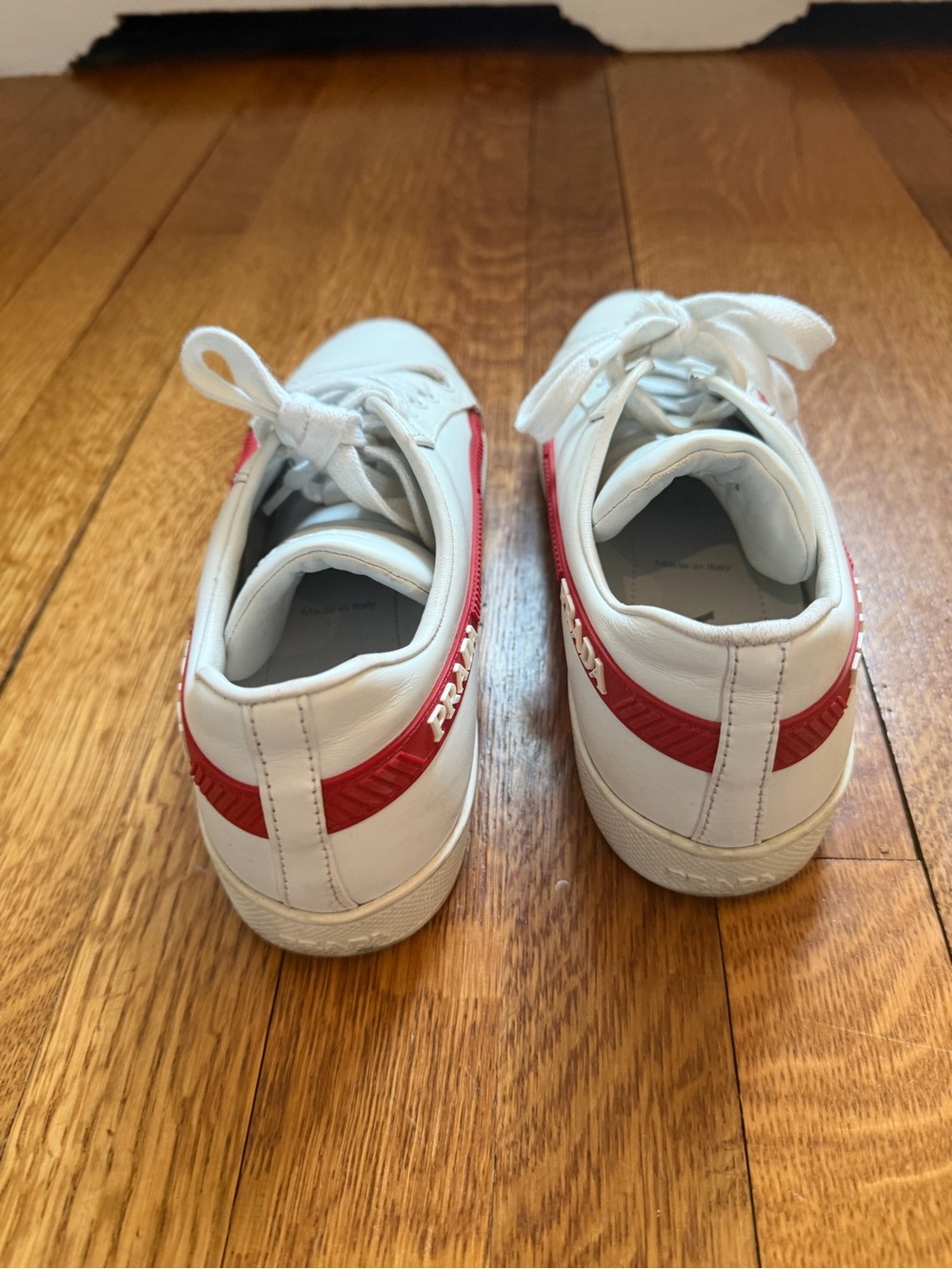Prada White Leather Sneakers with Red Side Panel - Picture 3 of 4